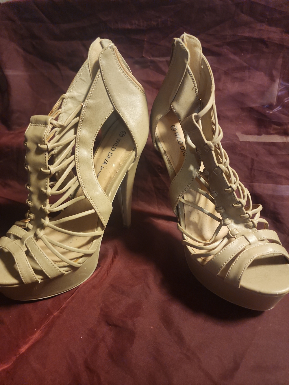 Wild Diva Nude Lace-Up Caged Platform Heels